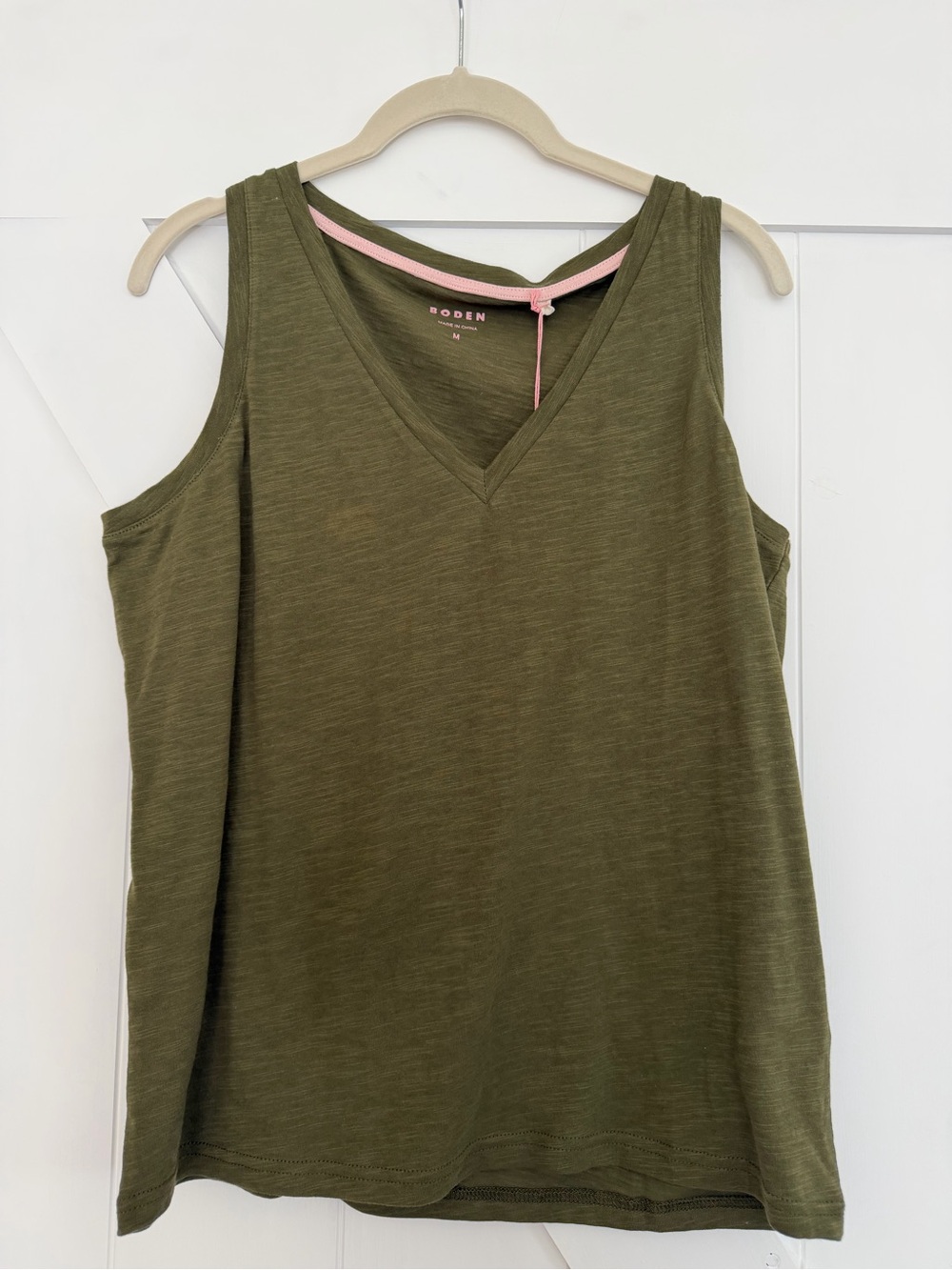 Boden Olive V-Neck Tank with Pink Trim